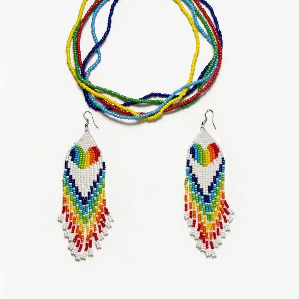 Bohemian Hand-Woven Heart Seed Bead Tassel Earrings