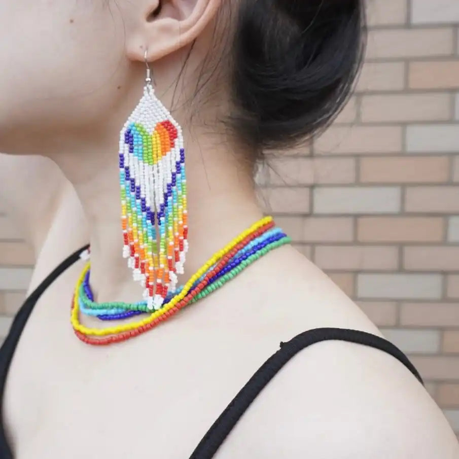 Bohemian Hand-Woven Heart Seed Bead Tassel Earrings